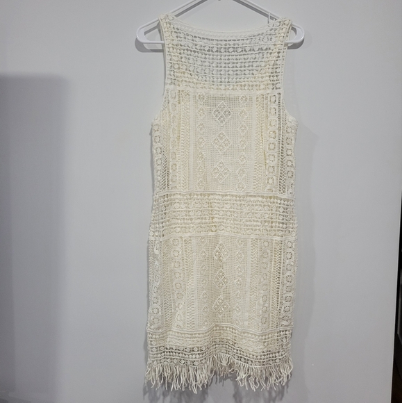 NWOT Ralph Lauren Ivory Crochet Overlay Fringe Hem Shift Dress Size XS - Picture 3 of 9